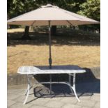 GARDEN TABLE AND PARASOL, 72cm H x 151cm x 96cm, lattice cast aluminium top on stretchered