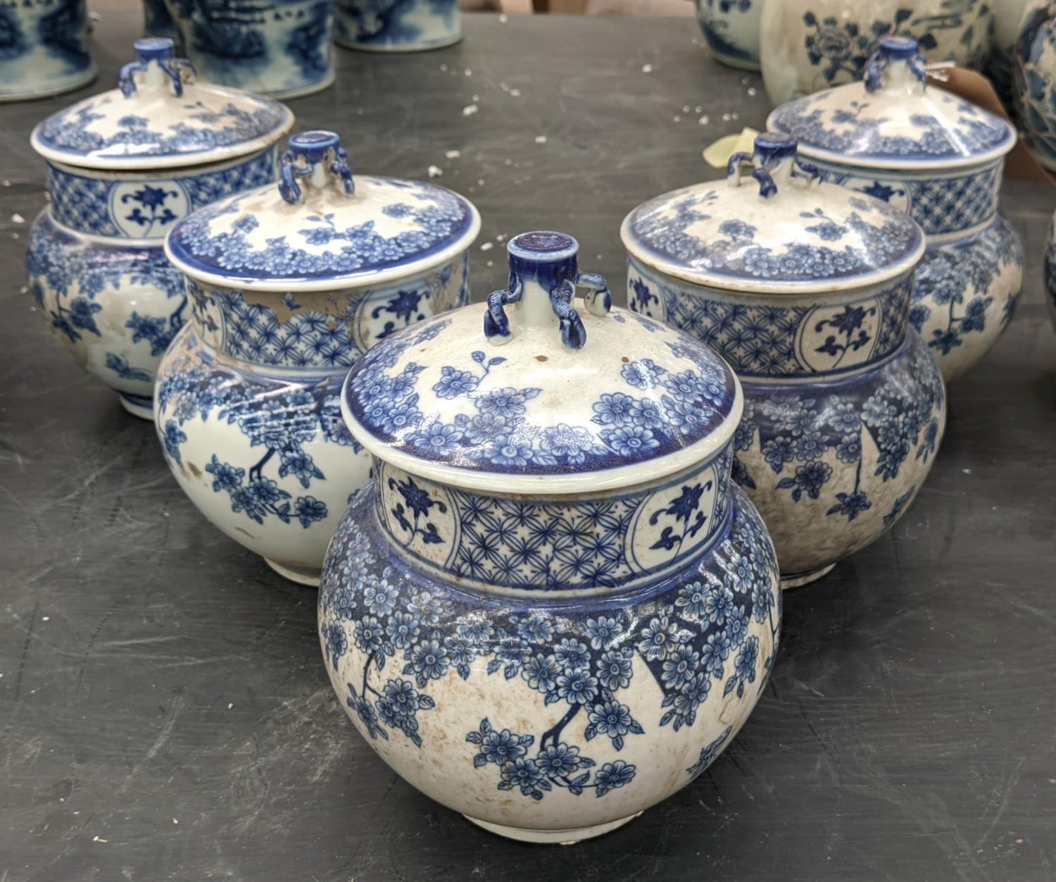 CHINESE JARS AND COVERS, a set of five, 22cm H x 18cm diam., blue and white decoration, of ovoid and - Image 2 of 4