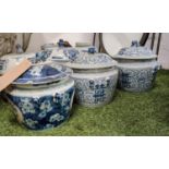 CHINESE JARS AND COVERS, a pair, 24cm H x 25cm diam., blue and white transfer pattern decoration,