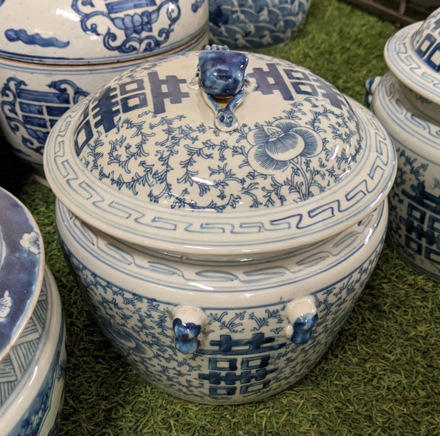 CHINESE JARS AND COVERS, a pair, 24cm H x 25cm diam., blue and white transfer pattern decoration, - Image 3 of 3