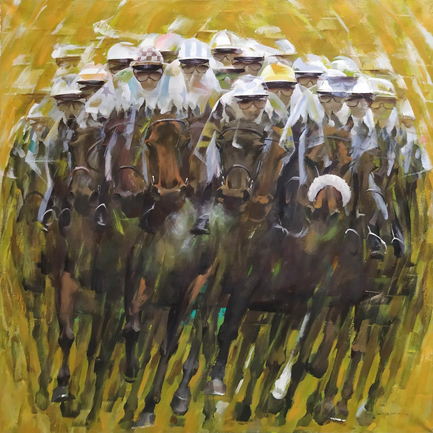 MR MAO, 'Horse Racing Scene', oil on canvas, 102cm x 102cm, signed, dated.