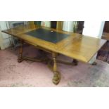 DRAWLEAF TABLE, 20th century Swiss walnut and marquetry with slate inset top and two end leaves,
