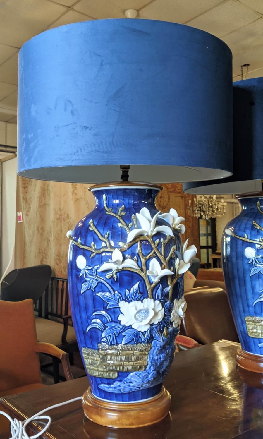 TABLE LAMPS, a pair, 79cm H x 49cm W, blue ceramic with white floral low relief decoration, blue - Image 2 of 6