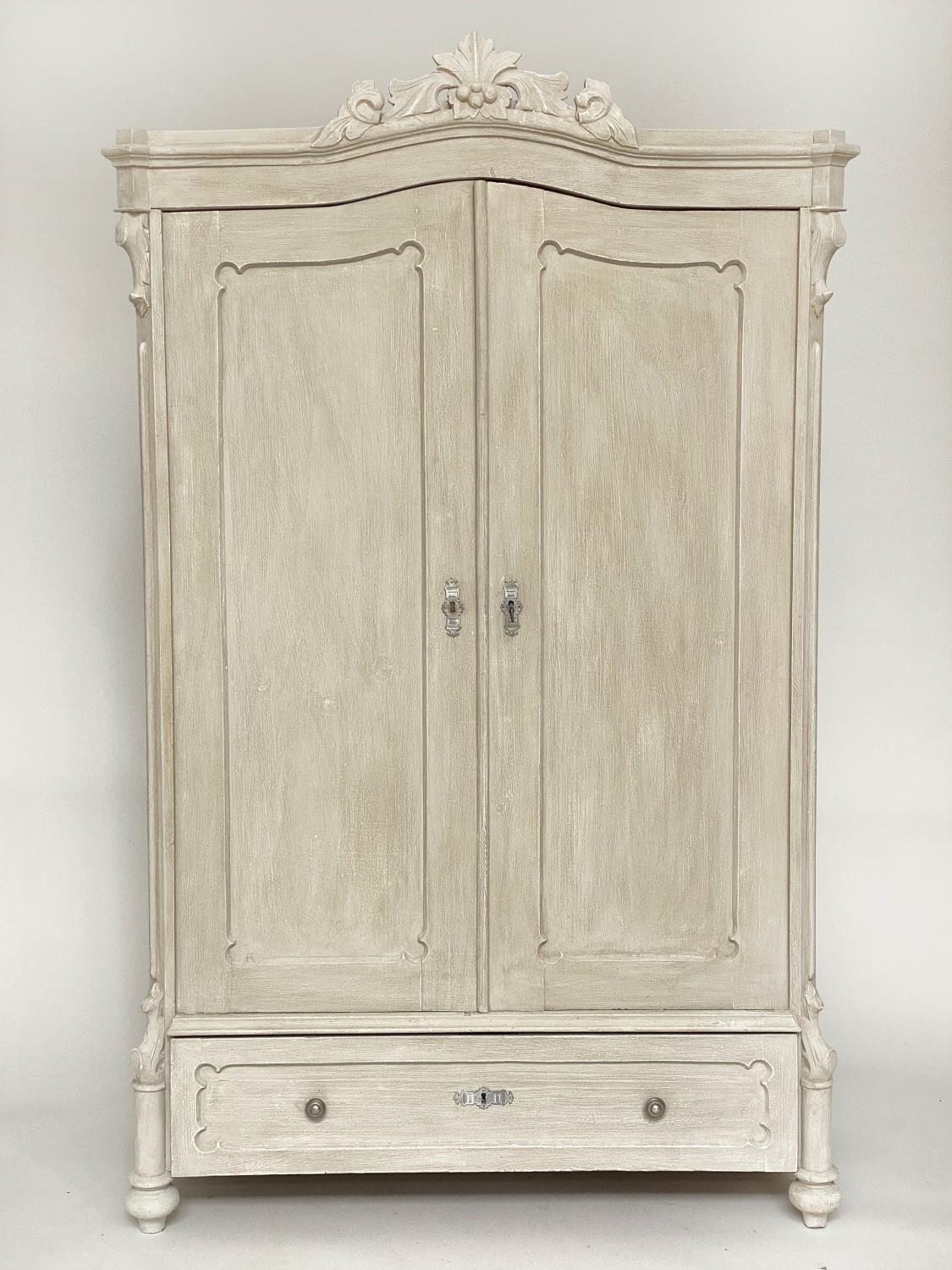 ARMOIRE, 19th century French traditionally grey painted with arched cornice, two panelled doors (