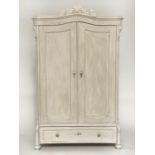 ARMOIRE, 19th century French traditionally grey painted with arched cornice, two panelled doors (