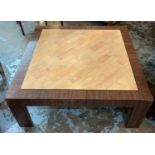 LOW TABLE, 100cm W x 100cm L x 38.5cm H, faux shagreen inset top and exotic wood veneer frame. (To
