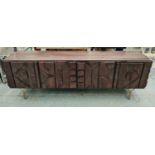 SIDEBOARD, 213cm L x 69cm H x 49cm D with four panelled doors on metal supports.