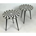 SIDE TABLES, a pair, 1970's Italian design, circular inlaid tops on tripod metal legs, 47cm H x 41cm