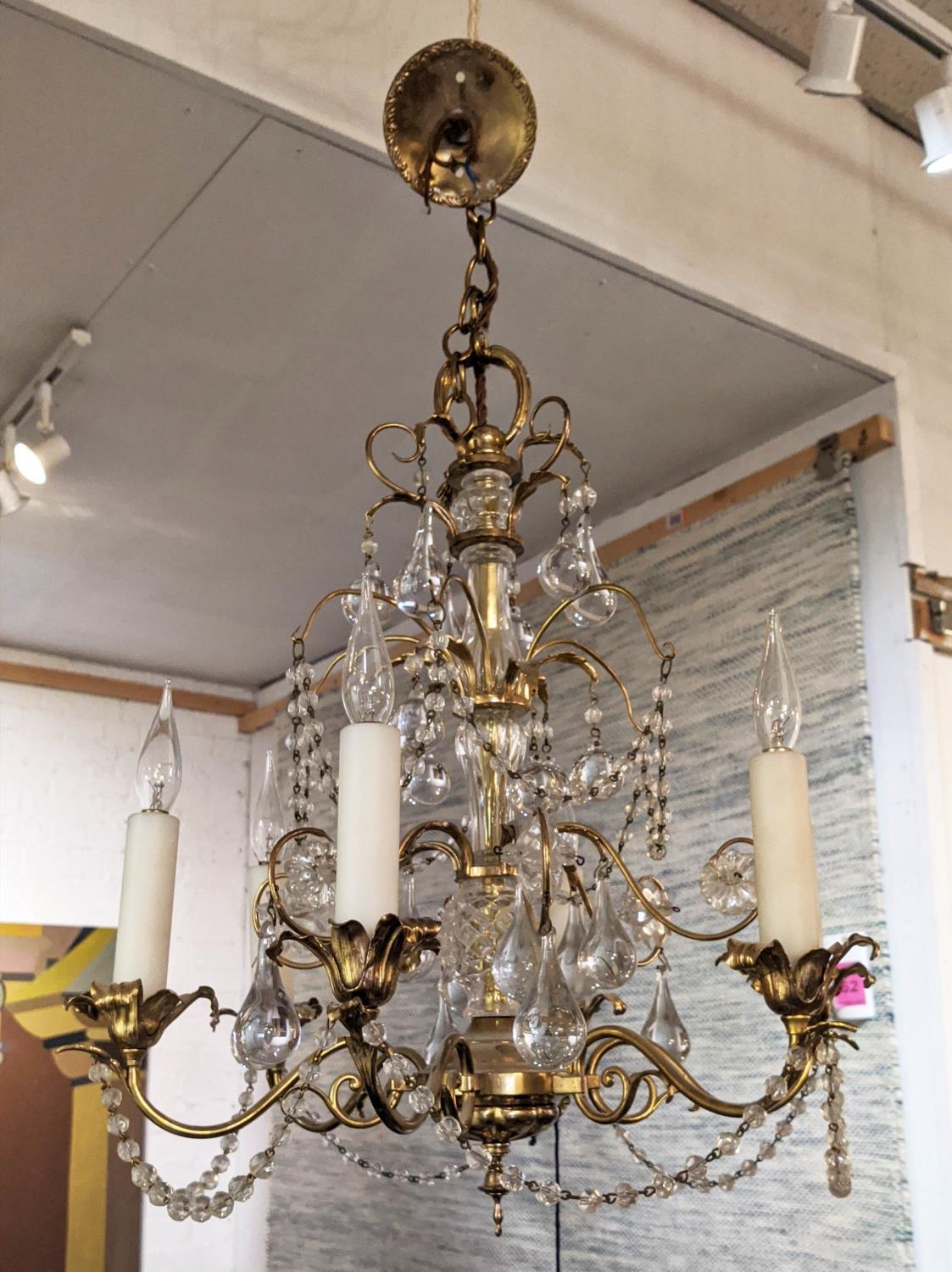 CHANDELIER, 43cm W x 51cm H excluding chain, 20th century, gilt metal and glass, with six lights. - Image 2 of 4