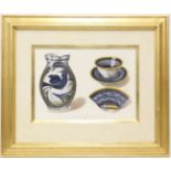 HAND COLOURED MEZZOTINTS OF ITALIAN CERAMICS, a set of three, each 61cm x 73cm overall. (3)