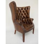 BARREL BACK WING ARMCHAIR, 110cm H x 80cm W, George III style buttoned natural brown and brass