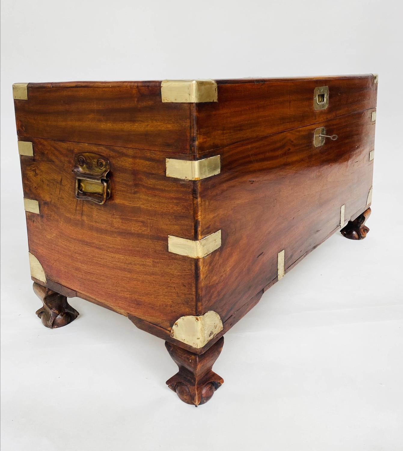 TRUNK, 19th century camphorwood and brass bound with rising lid, carrying handles and short - Image 2 of 8