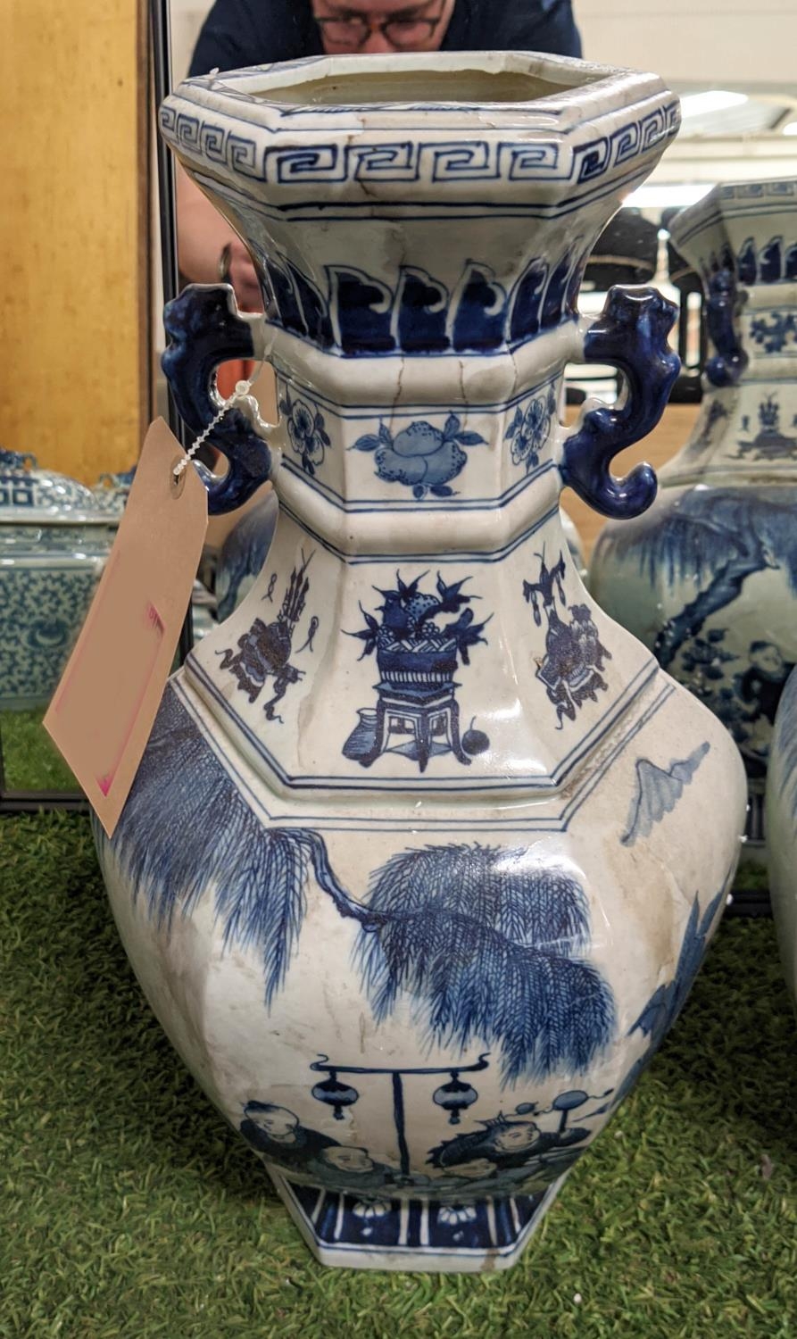 CHINESE BLUE & WHITE VASES, set of three, 45cm H, hexagonal baluster form, serpent snake handles. ( - Image 2 of 4