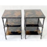 ETAGERES, a pair, 45cm x 45cm x 66cm H, Regency style, black lacquered and gilt Chinoiserie painted,