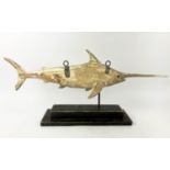 RAMSEY GILLIES (Scottish), 'Swordfish' carved wood on stand, with iron appliqué, 73cm L.