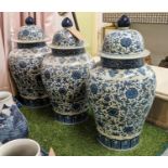 TEMPLE JARS, a set of three, 73cm H, Chinese Export style, blue and white ceramic, chrysanthemum