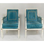JULIAN CHICHESTER BERGERES, a pair, 61cm W, grey painted, studded blue plush velvet and panelled