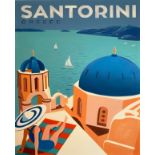 REPRODUCTION VINTAGE SANTORINI TRAVEL ADVERTISEMENT, acrylic on canvas, 120cm x 90cm.