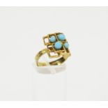 9ct GOLD AND TURQUOISE SET RING, four beads set on an asymmetrical designed mount, ring size '0',