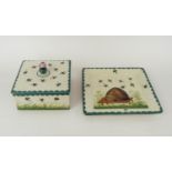 WEMYSS SQUARE HONEY BOX WITH LID, 14cm x 14cm, and a square dish to match, 19cm x 19cm, painted T.
