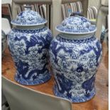 BALUSTER VASES WITH COVERS, a pair, 45cm H, Chinese Export style, blue and white ceramic, dragon