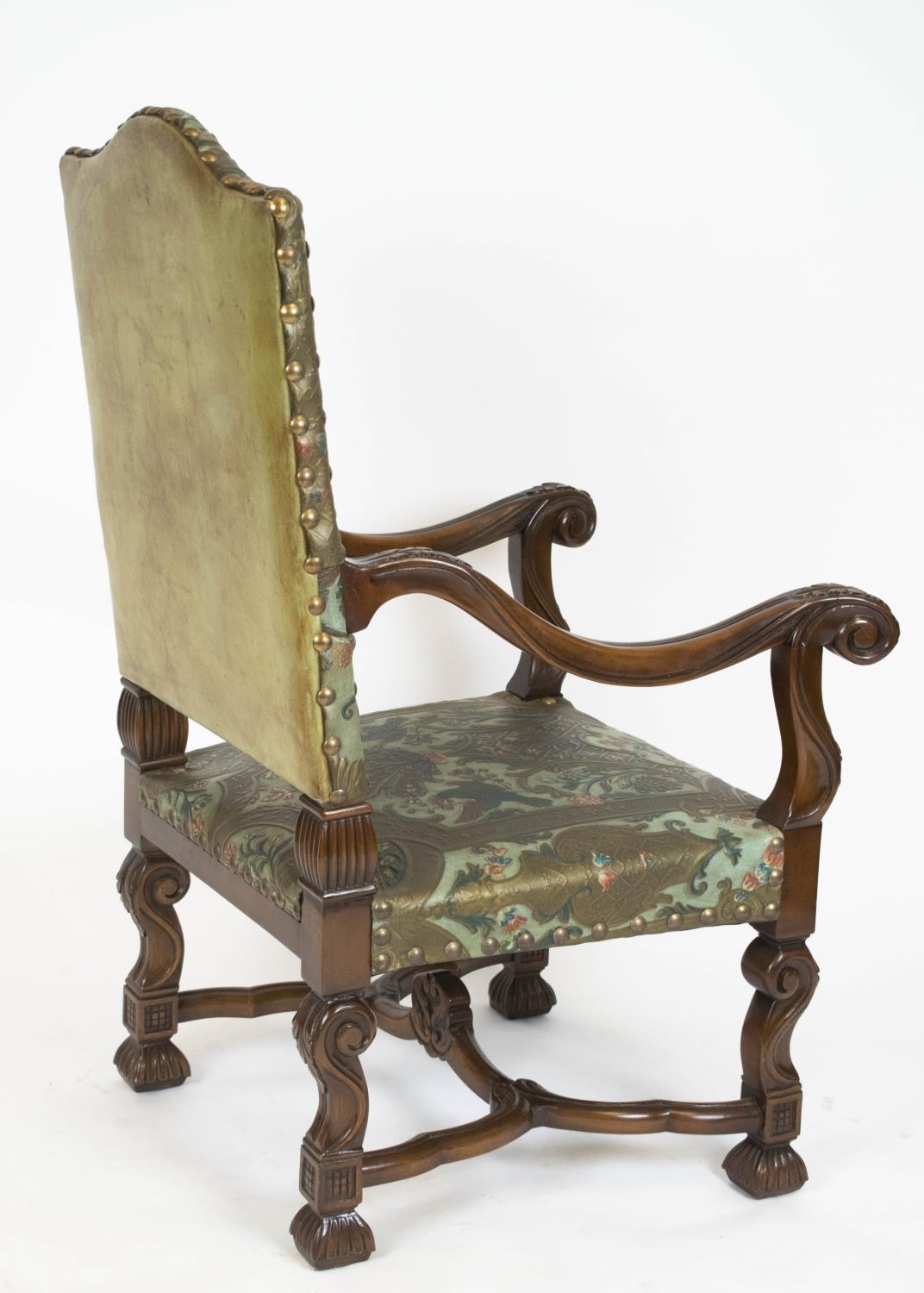 THRONE CHAIR, 121cm H x 72cm W x 70cm D, Louis XIV style in polychrome embossed leather. - Image 5 of 5