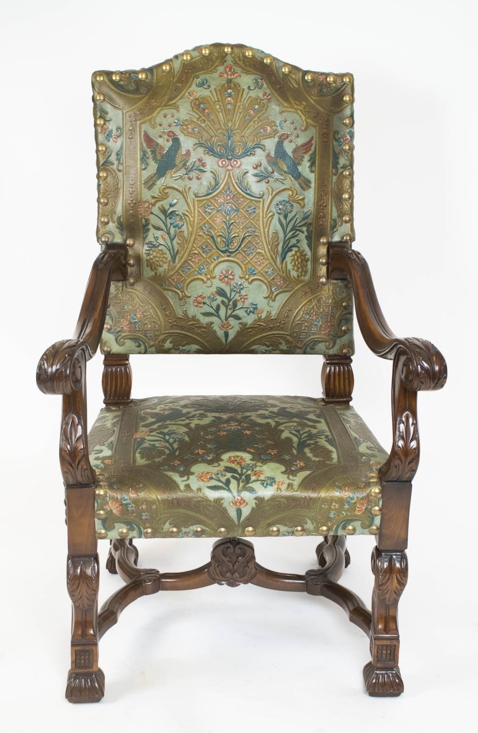 THRONE CHAIR, 121cm H x 72cm W x 70cm D, Louis XIV style in polychrome embossed leather. - Image 2 of 5