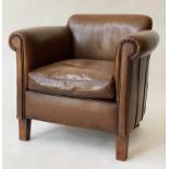 'LITTLE PROFESSOR' ARMCHAIR, 84cm W, grained tan leather, with arched back, scroll arms and tapering