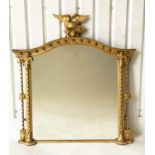 OVERMANTEL MIRROR, 132cm H x 122cm W, 19th century giltwood with eagle, arched, ball encrusted crest