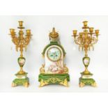 CLOCK GARNITURE, matched set of three, 53cm at highest, comprising Sevres style eight day