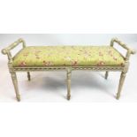 WINDOW SEAT, 113cm x 40cm x 45cm, grey painted, with chintz floral upholstery.