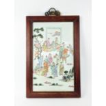 CHINESE FAMILLE ROSE CERAMIC PLAQUE, 50.5cm x 33cm W, 19th century, depicting figures in a garden