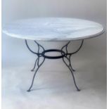 CENTRE TABLE, 135cm diam. x 80cm H, veined Arabescato marble, with moulded edge, raised upon wrought