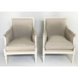 BERGERES, a pair, 69cm W, French Louis XVI style, grey painted with linen upholstery, and feather