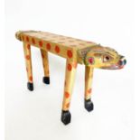 LEOPARD BENCH, 103cm W x 51cm H x 20cm D, carved twin headed, hand painted, with paw supports.