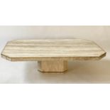 TRAVERTINE LOW TABLE, 150cm x 91cm D x 40cm H, 1970's Italian travertine marble and brass bound,