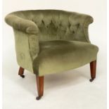 TUB ARMCHAIR, 69cm W, Edwardian mahogany, Royal Green velvet upholstered, with rounded button back.