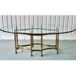 DINING TABLE, 212cm W x 120cm D x 75cm H, 1970's style, oval moulded edge plate glass top, on