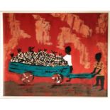 MANNER OF JACOB LAWRENCE (1917-2000), 'Boys & Pineapple Wagon', oil on paper, 60cm x 50cm, framed.