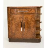 ART DECO SIDE CABINET, 76cm W x 33cm D x 79cm H, burr walnut, with frieze drawer, two cupboard doors