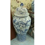 TEMPLE JARS, a pair, 105cm H, Chinese Export style, blue and white ceramic, dragon decoration. (2)