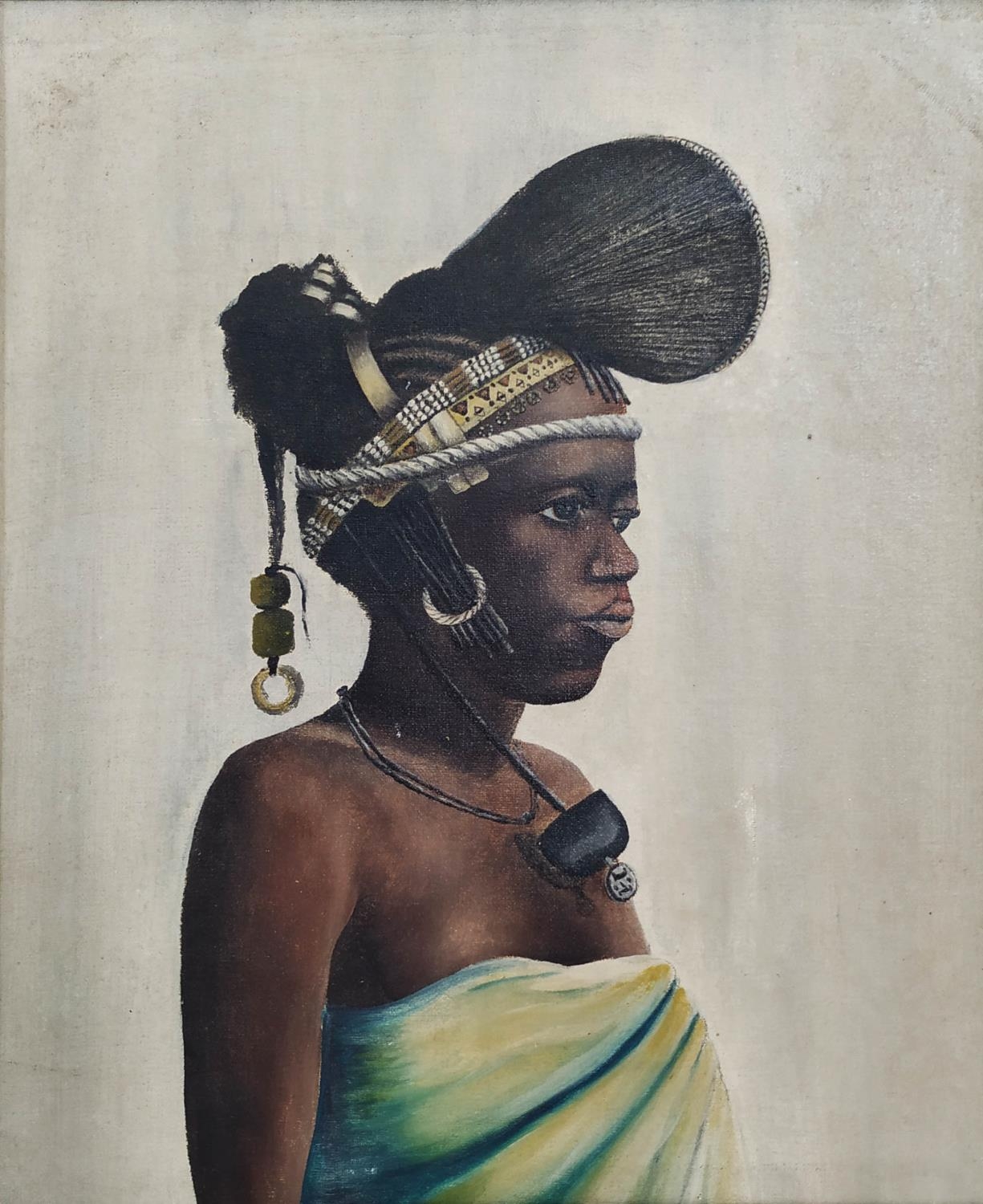 LEOPOLD KALEMA (20th century, Congolese)' Portrait of an Important Young Woman', oil on board, - Image 2 of 3