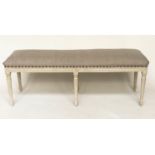 WINDOW SEAT, 130cm x 38cm D x 48cm H, French Louis XVI style, grey painted, with six fluted supports