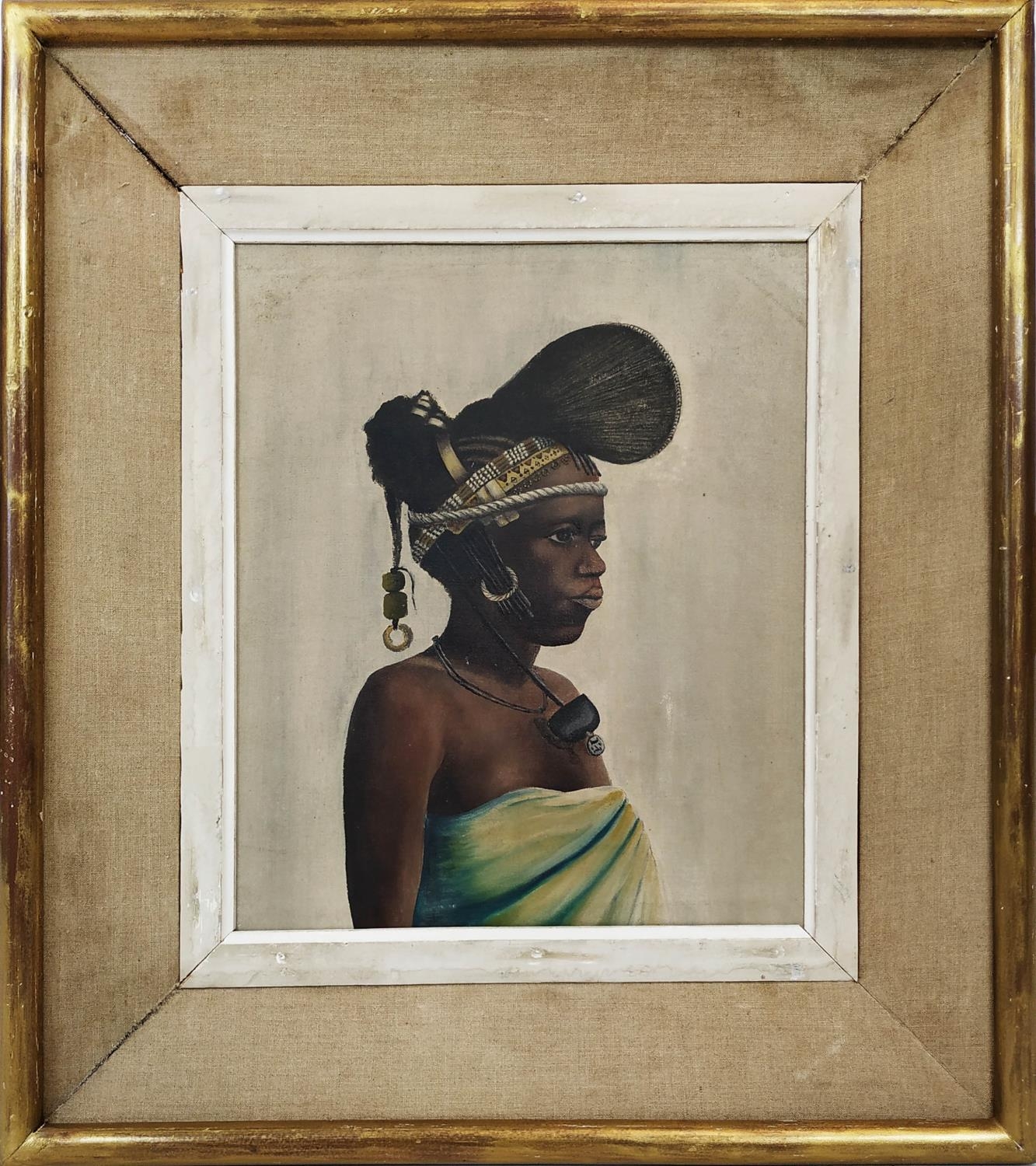 LEOPOLD KALEMA (20th century, Congolese)' Portrait of an Important Young Woman', oil on board,