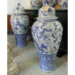 TEMPLE JARS, a pair, 105cm H, Chinese Export style, blue and white ceramic, dragon decoration. (2)