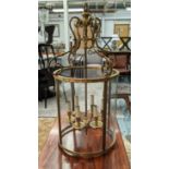 LARGE HALL LANTERN, brass, with curved glass sides, hanging height 150cm x 52cm diam.