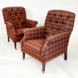 ARMCHAIRS, a pair, Harris Tweed button back upholstered, with tapering front legs and brass castors.