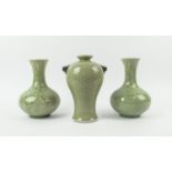 VASES, a pair, green celadon glaze, probably Chinese, of baluster form, craquelure finish, with an