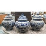 JARS WITH COVER, a set of three, 40cm H, Chinese Export style, blue and white ceramic, dragon and