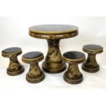 CHINESE 'DRAGON' TABLE AND STOOLS, glazed ceramic, table 76cm H x 81cm x 81cm, and four stools, 42cm